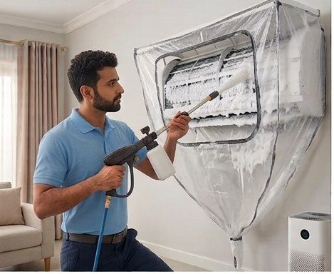 AC service technician at work